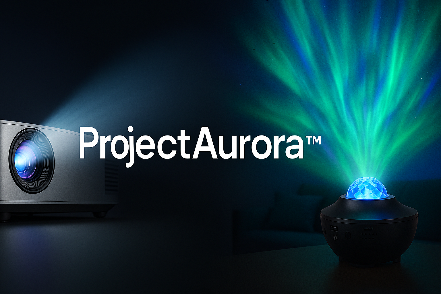 Bannière dynamique ProjectAurora avec projecteurs vidéo et aurores boréales